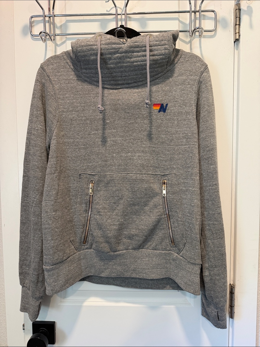 Aviator Nation Gray Quilted Funnel Neck Pullover with Embroidered Logo